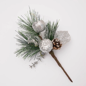 Christmas pick with silver glitter berries, pine needles and a natural pine cone