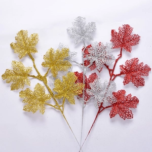 Artificial Christmas Maple Leaf Branches Glitter Hollow Mesh Sparkling Festival Tree Wreath Decoration DIY Wedding Home Decor