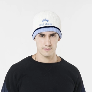 Winter outdoor white knit beanie with blue stripes and cool cheer crab embroidery