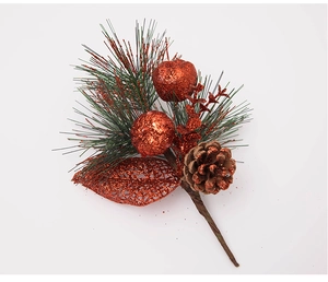 Detailed Christmas pick with pine needles, red glitter berries, and a natural pine cone