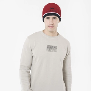 Detail of multi-color knitted beanie with cool cheer embroidery and crewneck sweatshirt
