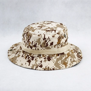Detail of desert camo boonie hat with breathable eyelets and functional webbing