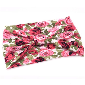 Bohemian style wide floral print elastic headband with pink rose pattern for women