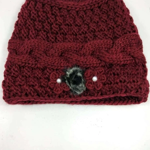 Winter wine red knit hat for elderly women with faux fur pompom and pearl floral details