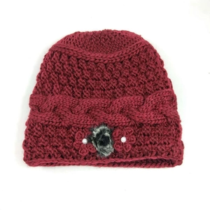 Beanie Hat Winter Warm Thick Fleece Lined Cable Knit Acrylic Faux Fur Ball Floral Decoration For Women
