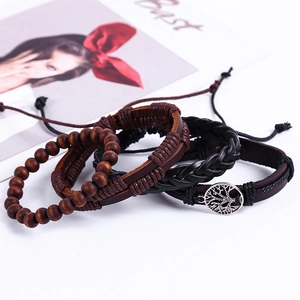 Men's multilayer leather bracelet set with tree of life charm and wooden beads