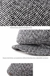 Detail of knitted herringbone newsboy hat showing the textured wool and adjustable short brim