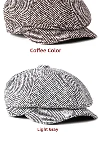 Detailed view of coffee and light grey herringbone pattern newsboy caps fabric
