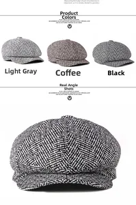 Detailed herringbone knit texture of vintage newsboy caps in grey, brown and black