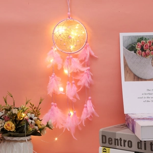 Pink Dream Catcher Handmade Feather Beads LED Light Wall Hanging Home Decor Ornament