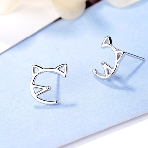 Cute hollow cat ear studs in silver minimalist metal design for women and girls