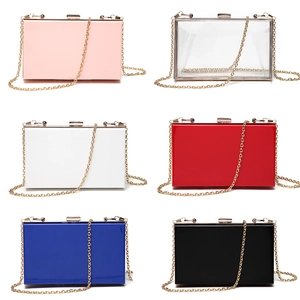 Grid view of acrylic evening clutch bags in pink, clear, white, red, blue, and black