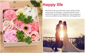 Detail of soap flower gift box with pink roses, sunflowers and Just for you ribbon