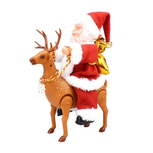 Detail of wind-up Christmas Santa riding a brown reindeer festive moving toy figure