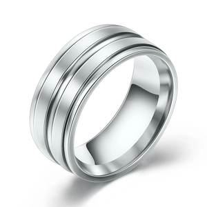Minimalist 8mm silver stainless steel ring with double frosted parallel grooves design