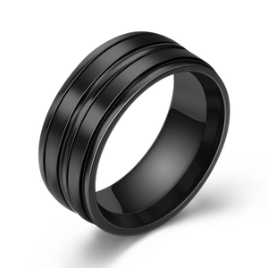 Minimalist 8mm black stainless steel ring with double matte finish and parallel grooves