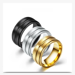 Detailed display of three-groove 8mm matte stainless steel rings in black silver and gold