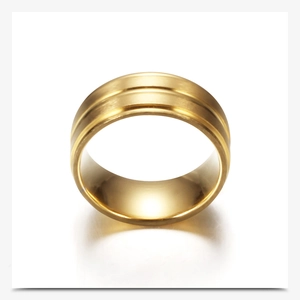 Detail view of 8mm gold stainless steel ring with matte brushed finish and polished inner band