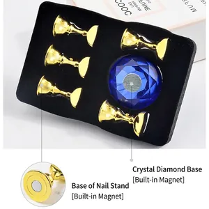 Magnetic nail display stand with 5 gold metal holders and a blue crystal lotus base set