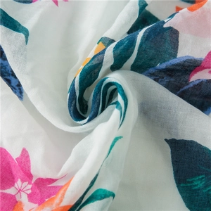 Tropical green plant print cotton linen scarf with colorful tassels for beach vacations