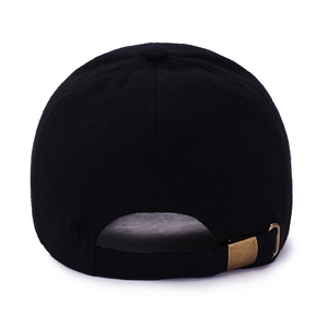 Rear view of black baseball cap with bronze metal buckle and adjustable back strap