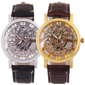 Skeleton quartz watch for men with transparent dial, leather strap and Roman numerals