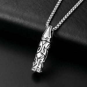 Silver bullet pendant necklace with hexagram engraving and stainless steel chain