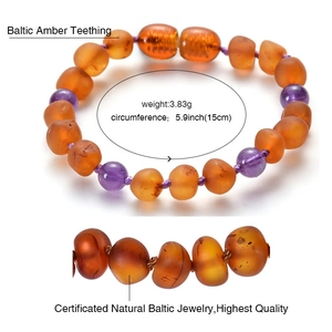 Natural Baltic amber and amethyst baby bracelet with size specs and detailed bead view