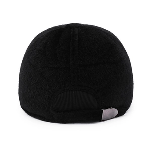 Winter faux fur baseball cap in black with back adjustable strap and plush texture
