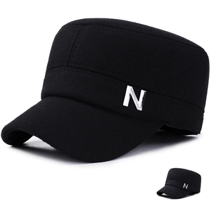 Men Winter Cadet Cap Flat Top Military Hat Warm Thick Polyester Feel Ear Protection Adjustable Casual Solid Color