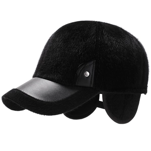 Winter thermal baseball cap for elderly men with ear flaps and black faux fur finish