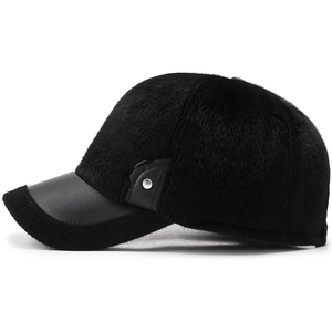 Men's winter wool baseball cap with plush fur texture and black leather brim accent