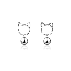 S925 sterling silver long tassel cat stud earrings with bell pendants for women