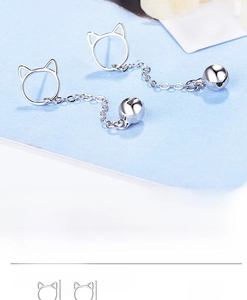 Detail showing S925 silver hollow cat ear studs with polished bell drop and size data