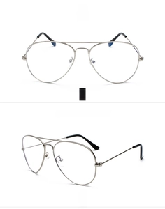 Silver metal aviator glasses frame showing front and 90-degree side angle views