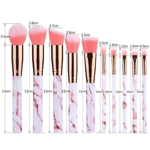 Size chart for 10pcs marble makeup brush set showing handle and head measurements