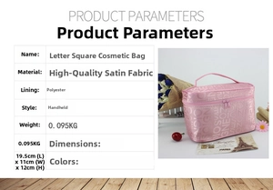 Pink satin makeup bag showing detailed size specifications and product parameters