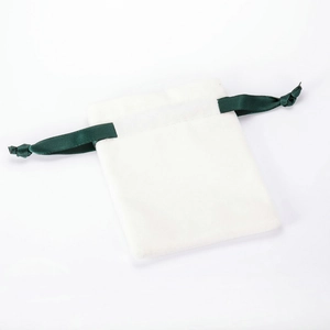 Premium white velvet jewelry pouch with dark green satin drawstring for gift packaging