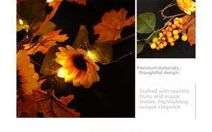 Detailed view of artificial sunflower and maple leaf garland with warm LED lights