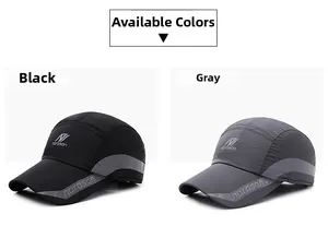 Detail view of quick-dry baseball caps in black and gray with reflective side stripes