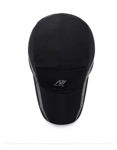Top view of a black narason baseball cap showing lightweight polyester fabric detail