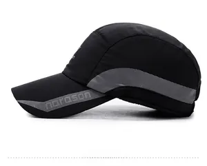Side view of black breathable sports baseball cap with gray stripes and marason logo