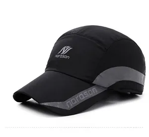 Detailed side view of black baseball cap with grey panel and Narason brand logo