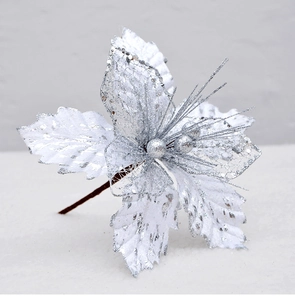 Detailed macro view of 22cm silver mesh artificial flower with glitter and beaded center