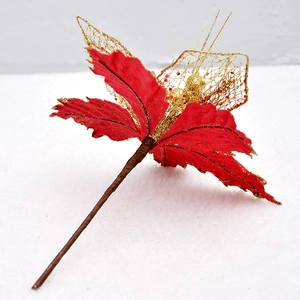 22cm red mesh Christmas flower with gold glitter edges on white plush winter background