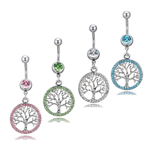 Tree Of Life Belly Button Ring 316L Stainless Steel Rhinestone Dangle Navel Piercing Jewelry For Women Fashion Lucky Tree