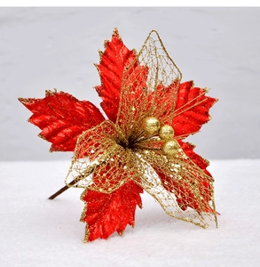 Detail of red and gold 22cm Christmas mesh flower with glitter and mesh petals