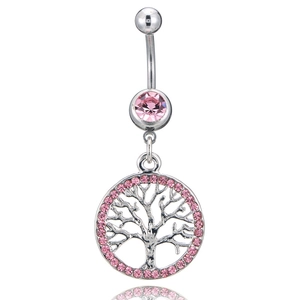 Silver tree of life belly button ring with pink crystals on white background