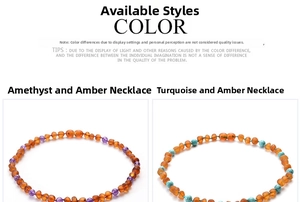 Close-up of Baltic amber necklaces with amethyst and turquoise beads on white background