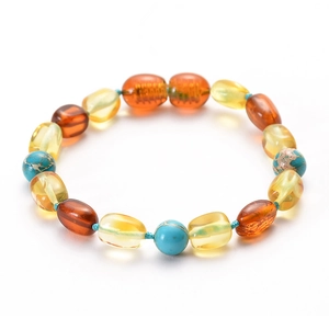 Baltic Amber And Turquoise Beaded Bracelet Handmade For Baby Toddler Infant Kids Multi-Color Jewelry